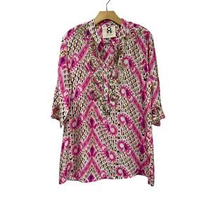 Figue 100% Silk Tunic Blouse Pink Print Beaded Boho Top Size Large
